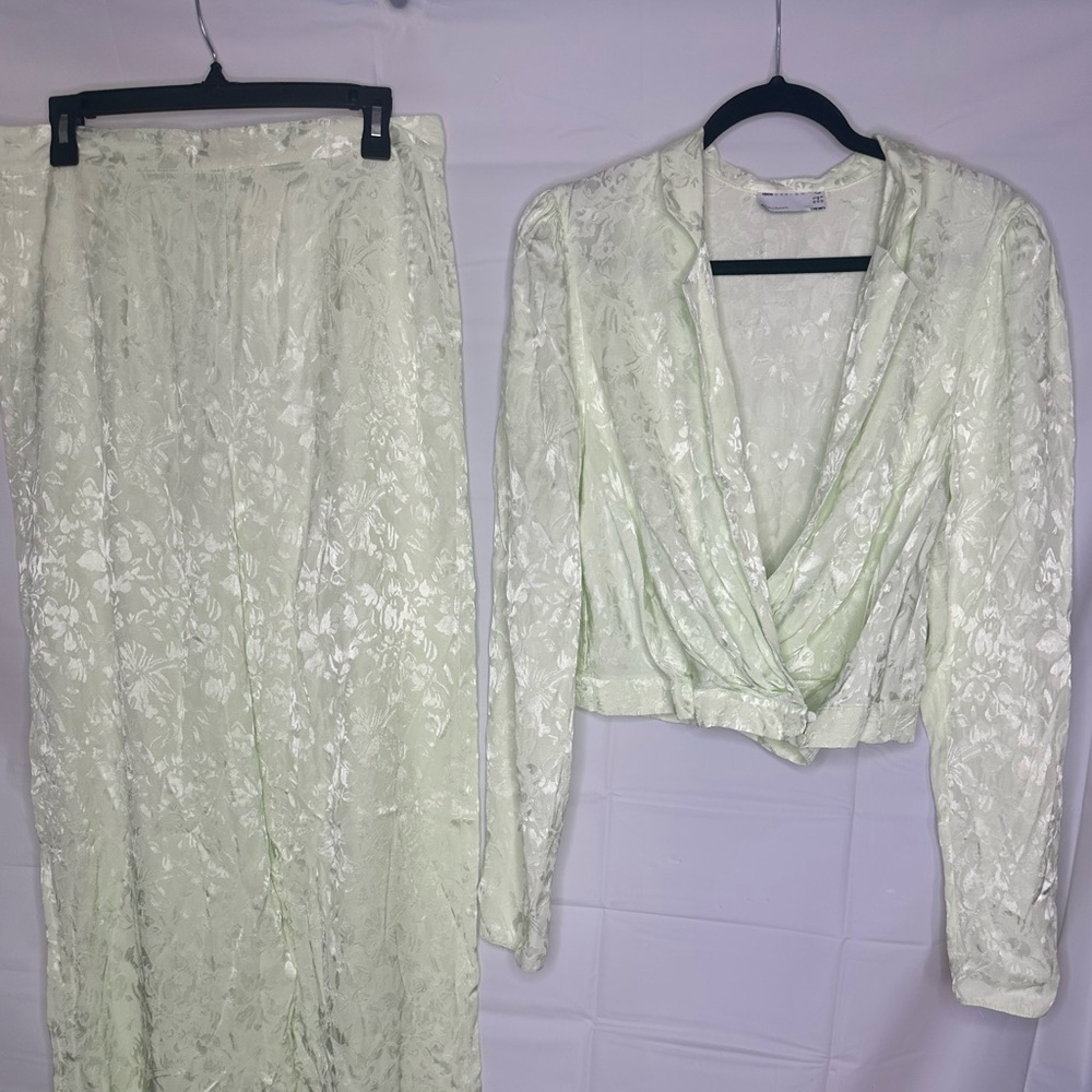 Asos Design Light Green Soft Floral Jacquard Suit 2Piece Coord Matching Set sz8 - Picture 2 of 14
